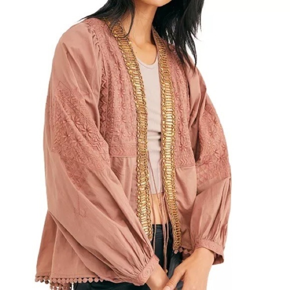Free People Rare JASMINE Beaded Embroidered Tie Front Jacket Boho Size SMALL